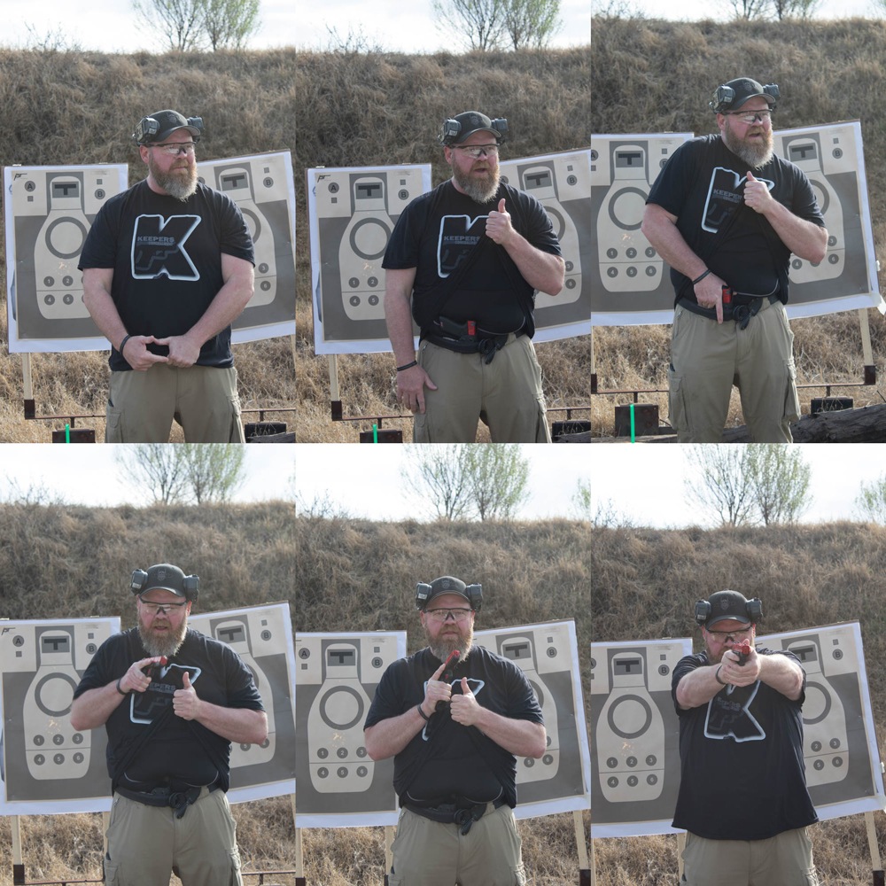 First: Spencer Keepers demonstrates his recommended AIWB draw. Support hand firmly grasps hem of concealing garment… Second: …and jerks it high to guarantee a clear path for the drawing hand… Third: …which takes a firm grasp with everything BUT the STRAIGHT trigger finger that stays outside the clothing… Fourth: …and clears gun immediately upward, pointing toward the threat. Note that support hand is still holding garment up to guarantee snag-free draw, and is now positioned… Fifth: …to move forward from safely behind the gun muzzle en route to achieving two-hand grasp. Note that muzzle is up at angle where shooter can see front sight as soon as possible… Sixth …and a very strong two-hand grasp is rapidly achieved.