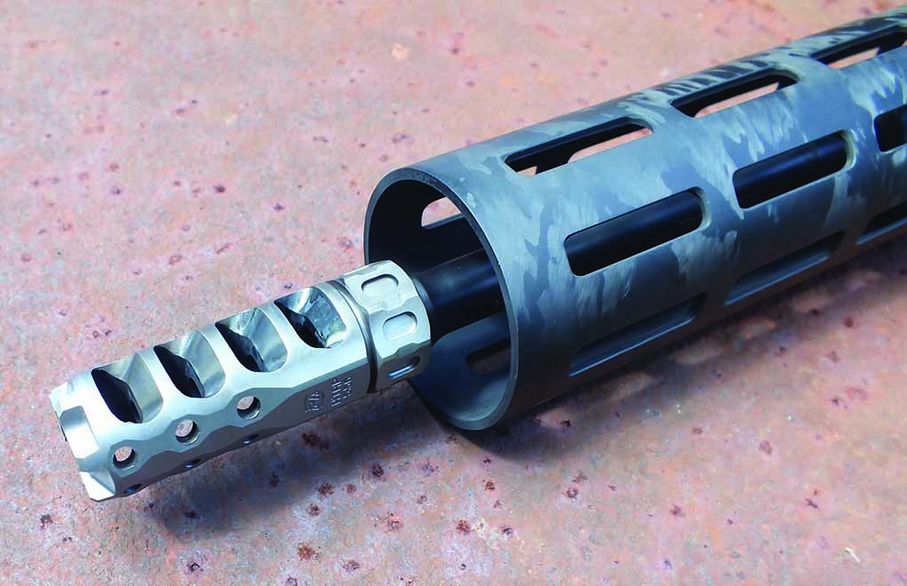 Arguably, the most important component for rifle stability is the muzzle brake. Precision Armament’s Hypertap 556 is tunable without shims because of the locking nut on the rear of the brake. Intensity of gas force is adjustable by drilling out indentions at the top and bottom of the brake.