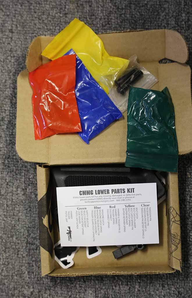CMMG packs their AR-15 lower parts kits in color-coded plastic bags. That way you can have just the parts you need, for the task at hand.