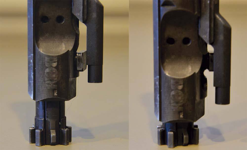 Step 1 Remove the bolt carriage group, pull the bolt head forward, and stand the assembly upright on the bolt head. Step 2 If the bolt head supports the bolt carrier without it sliding down (left), your gas rings are good. If not (right), replace them. 54