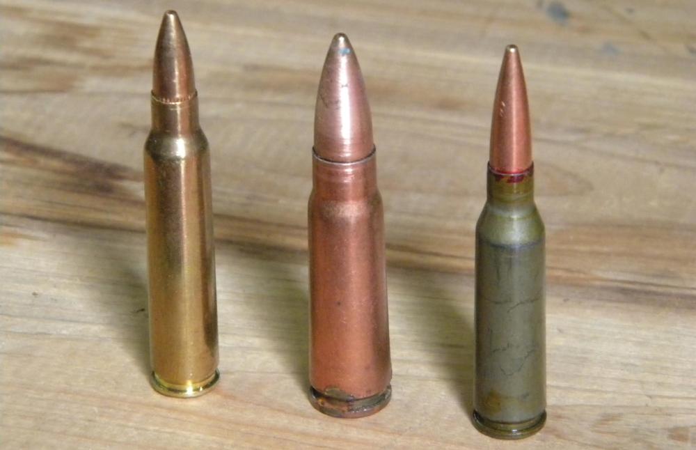 On the left is the .223 Rem./5.56 NATO. In the middle is the 7.62x39, with the newer 5.45x39 round for the AK-74. Each round does exactly what it’s designed to. Which one you need depends on what you’re doing.