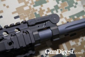 The folding Wilson front sight, which blends in nicely with the top rail of the free-float Wilson handguard.