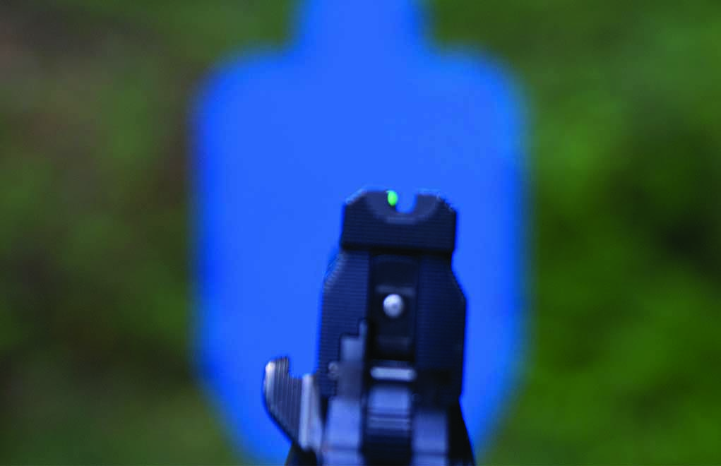A flash sight picture doesn’t necessarily require the perfect alignment of the front sight in the middle of the rear notch, or that the front sight be in perfect focus. In fact, at common defensive handgun distances, as long as the front sight is in the rear notch you can achieve vital zone hits.