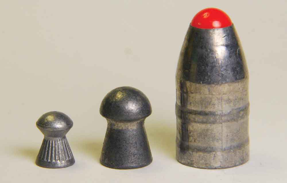 The relative size of .177-, .25- and .35-caliber pellets gives an indication of their uses and overall lethality.- airguns