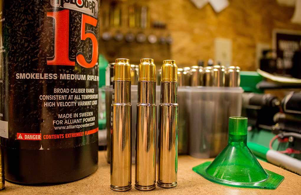 The .505 Gibbs with 525 Woodleigh Hydrostatically Stabilized solids, and a charge of Reloder 15, gave great performance with significantly reduced recoil. 