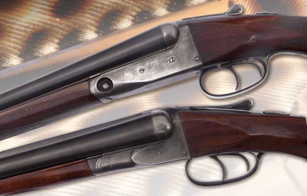 Shown here are two original-condition lowest-grade 20 gauges. The upper is a Parker Trojan with its distinctive recessed and rounded hinge pin. The lower is a Fox Sterlingworth. The Fox action is simpler and much more compact. Parker came in multiple frame sizes, but Fox had only three.