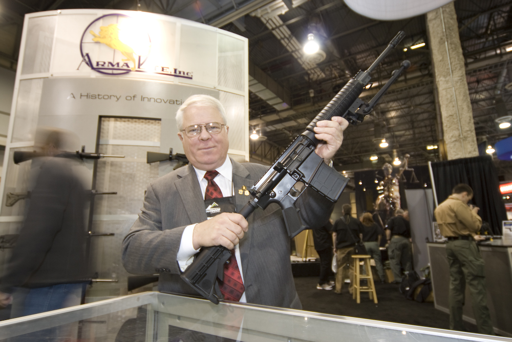 Armalite President Mark Westrom shows off the Armalite AR10A at SHOT Show 2012.