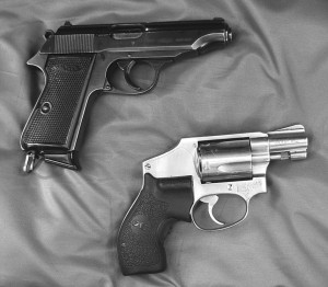 Two ultimate cop guns, one European, one American. The Walther PP .32 saw considerable law enforcement use in Europe, while American plainclothes officers often carried an old style Smith & Wesson J-Frame .38 Special. This is a Model 640, modernized with the addition of Crimson Trace LaserGrips.
