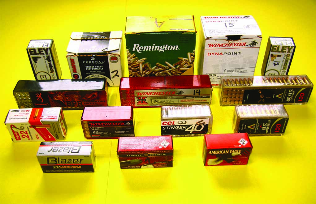 Test ammo consisted of 15 different loads, including (left to right and top to bottom): ELEY High Velocity Hollow, Federal Ammunition Auto Match, Remington Golden Bullet HP, Winchester DynaPoint, ELEY Subsonic Hollow; Browning BPR, Winchester Super-X HP, CCI Mini-Mag; Aguila Supermaximum, Winchester Varmint HE, CCI Stinger, CCI Velocitor; Blazer, Federal Premium Hunter Match and American Eagle.