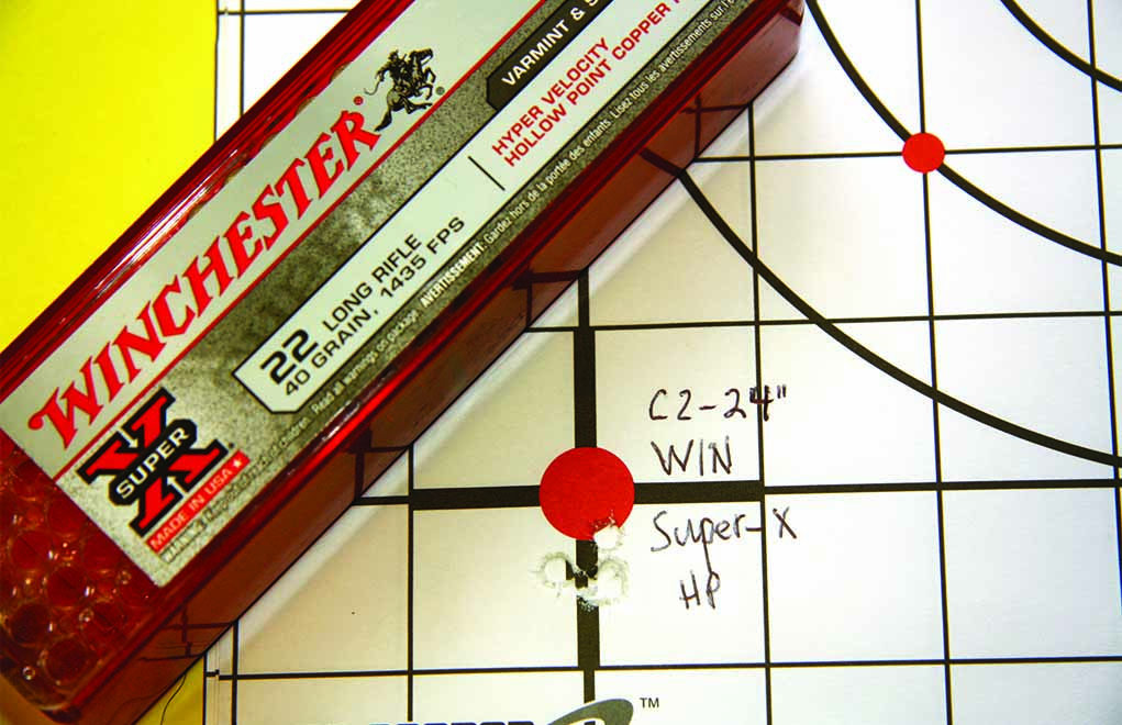 Winchester’s Super-X Hyper-Velocity Hollow Point .22 LR loads proved not only super-fast, but deadly accurate as well. They produced this near-one-hole group with CZ-USA’s 455 Varmint with 24-inch barrel—and also producing tight average groups with all rifles tested.