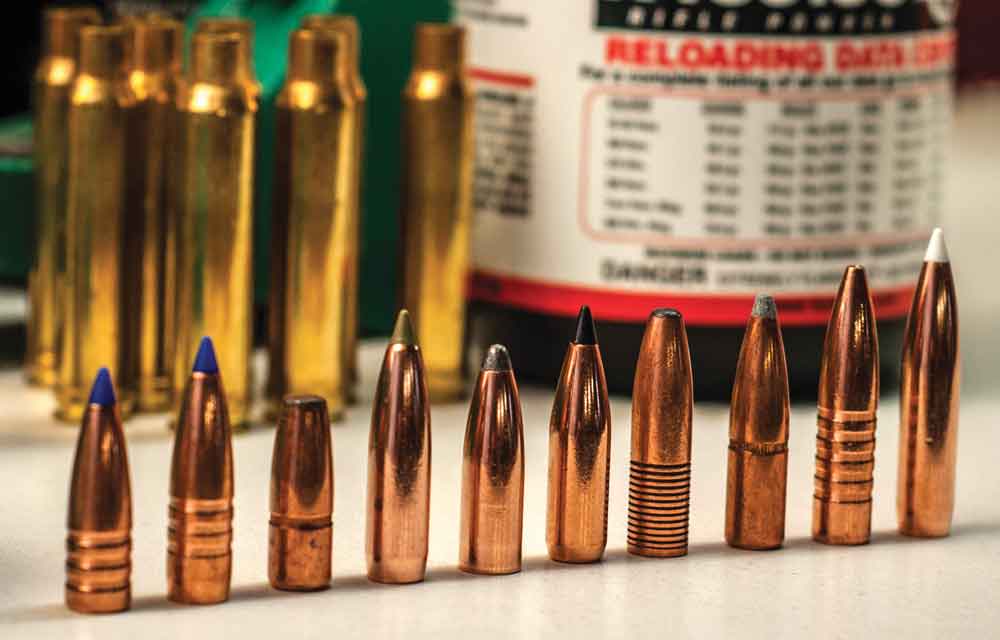 Some .338-inch diameter bullets, showing the length difference as weight increases, and the differences in each bullet's profile.