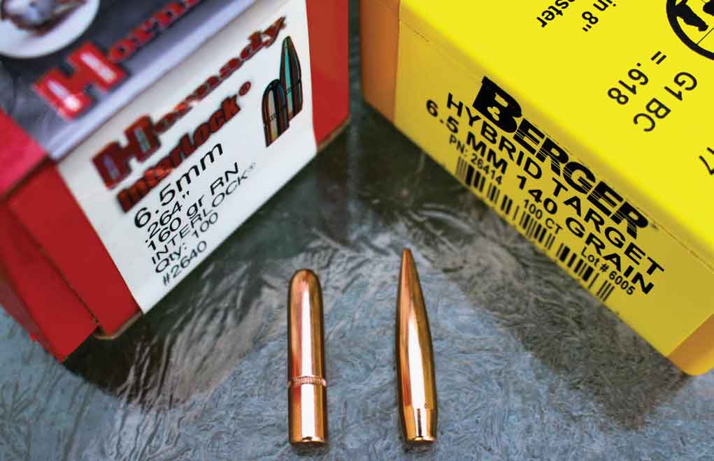 Two 6.5mm bullets. While the heavier 160-grain (L) has all sorts of bearing surface, the sleek 140-grain bullet (R) has less contact with the rifling in spite of being longer.