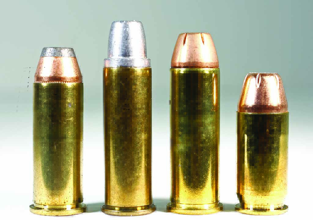Some of your options in big bores, left to right: .44 Special, .41 Magnum, .44 Magnum and .45 ACP. Avoid the hunting loads and you’ll be fine.