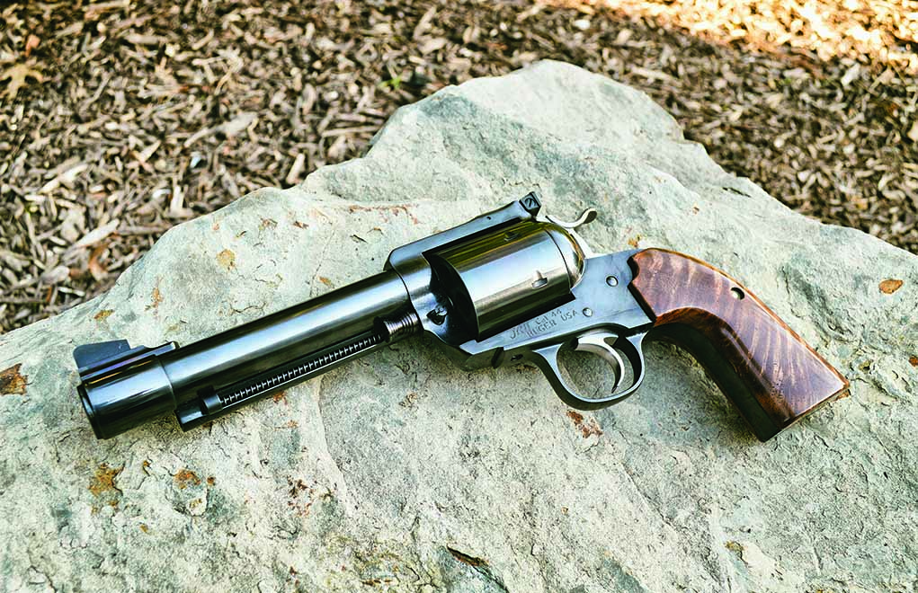 The end result of Jack Huntington’s makeover is this beautiful Ruger custom. It sports a 5½-inch banded barrel, six-shot oversized cylinder (remaining a .44 Mag.) and custom Claro walnut grips made by Huntington himself.