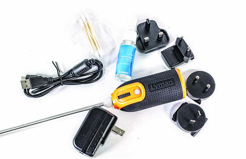 The Lyman Borecam Pro comes with all the goodies: Borecam, charging cable, adapter for every electrical system known to man, cleaning gear and instructions.
