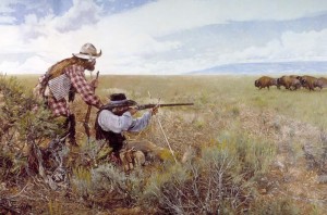 Sharpshooting buffalo hunters of the Old West. The Sharps rifles and cartridges were instrumental in bringing the population of the wild American buffalo to its knees