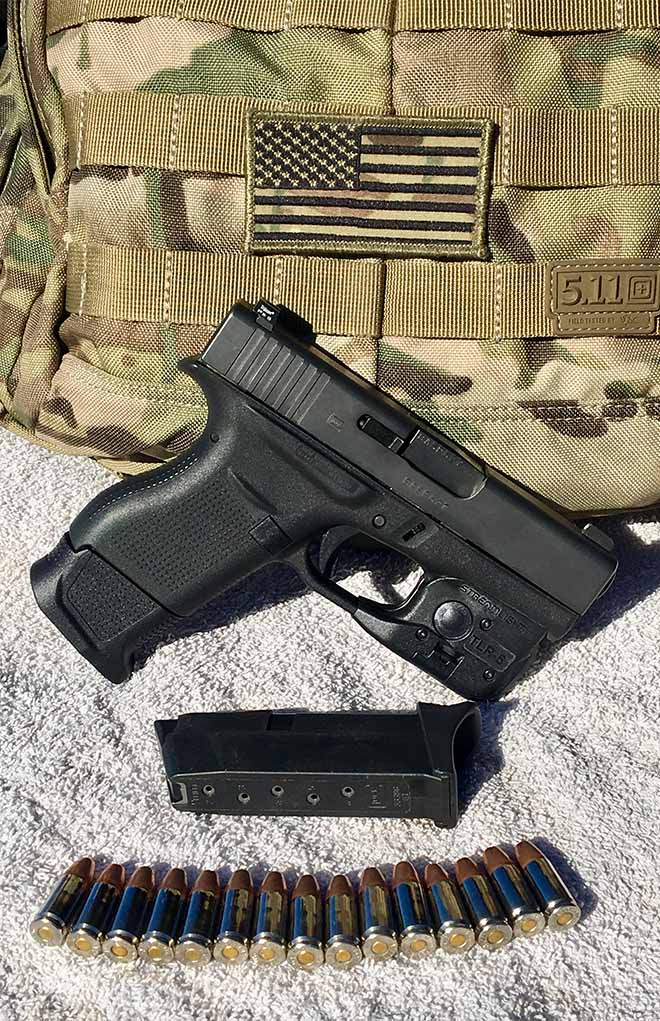 The author carries a Glock 43 in his bag at all times, along with 15 rounds (two magazines) of 147-grain T-series 9mm ammunition. In certain situations, he’ll add another magazine. 