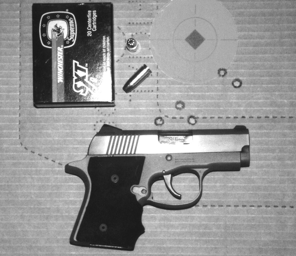 A sweet backup gun! This Colt Pocket Nine is the size of a Walther PPK 380 and considerably lighter, yet it just put five rounds of Winchester SXT full-power 9mm into approximately two inches at 25 yards. Sadly discontinued, it is worth haunting gun shops to find second-hand.