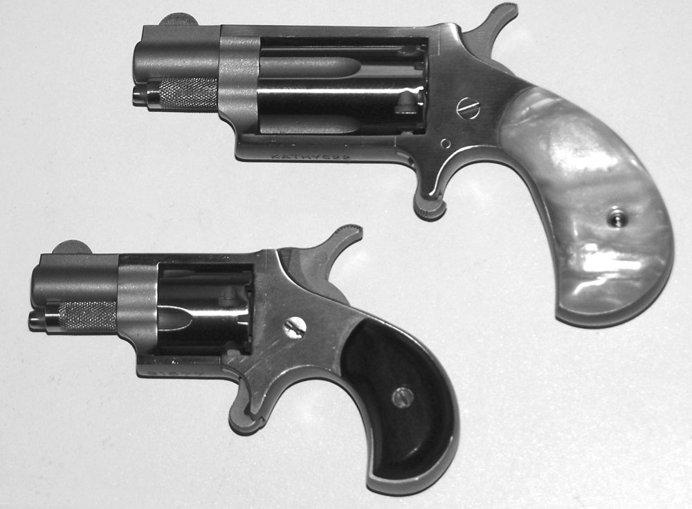 Tiny NAA mini-revolvers, 22 Magnum above and 22 Short below, are seen by author as more novelties than combat handguns because they are slow and difficult to operate due to their size, and much lacking in power. That said, Ayoob can point to several good people whose lives were saved by them, proving that little low-powered guns are better than no guns at all.