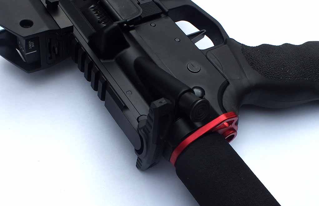 The Blackhawk ambidextrous charging handle uses a detent system to maintain closed position, allowing for fast movement without the need to mechanically unlatch.