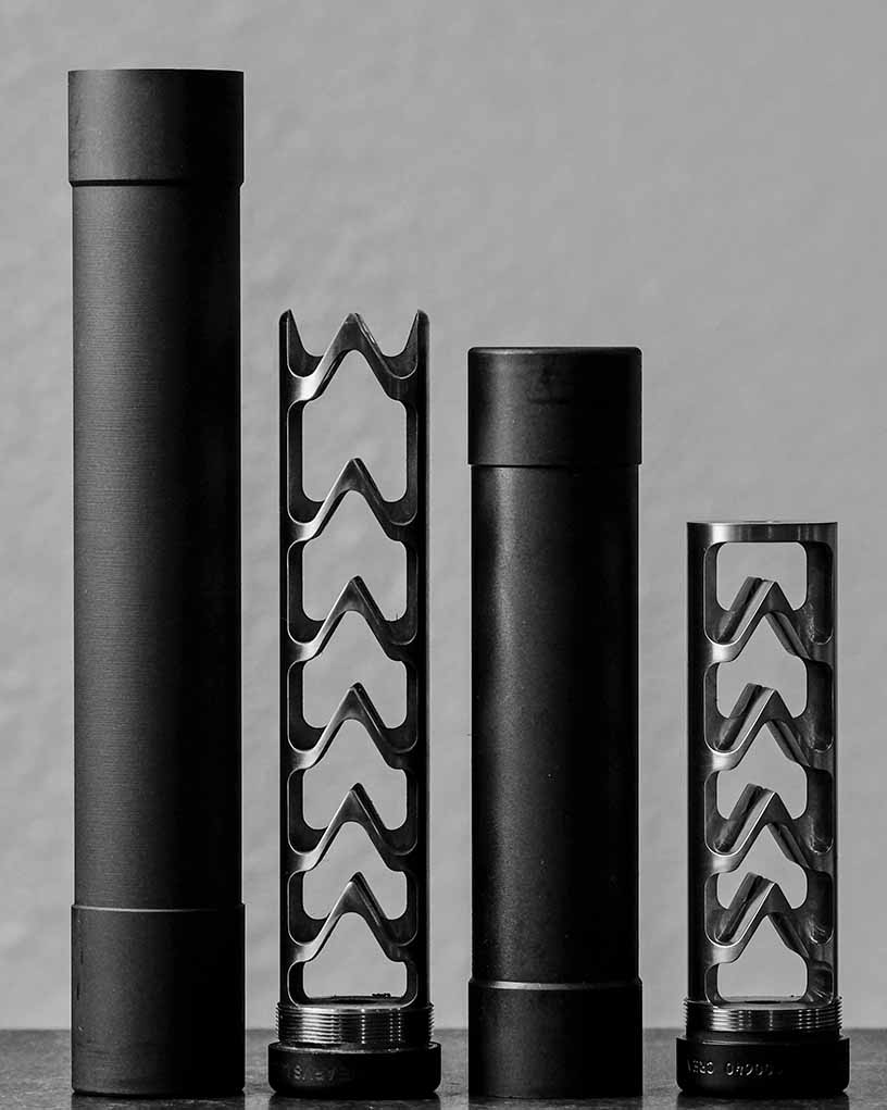(L-R: Creative Arms .30 cal and 5.56 cal) Mono-core suppressors can be designed to be quieter than traditional stacked suppressor styles, and they’re easier to disassemble and clean.