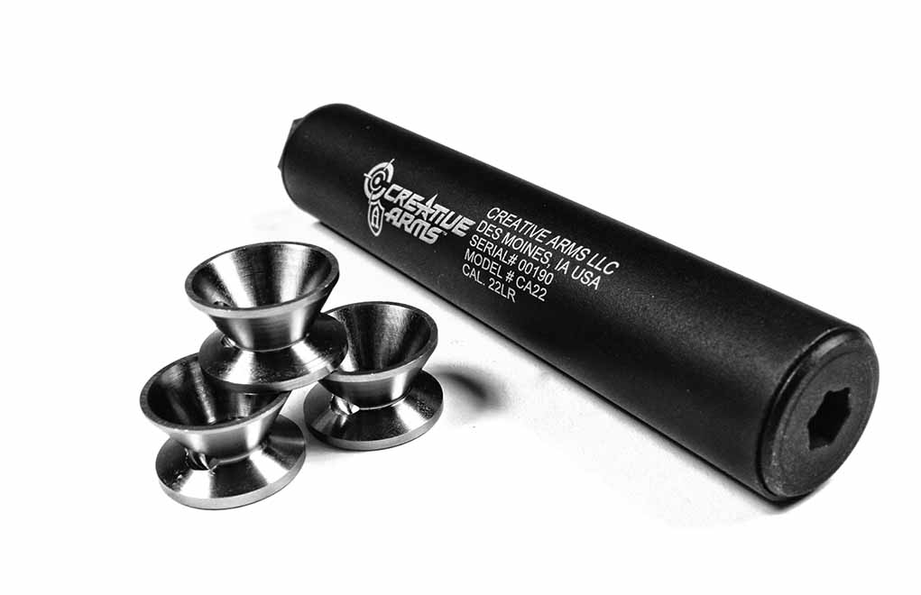 Large-caliber suppressors aren’t the only models benefiting from advanced designs and materials. The Creative Arms CA22 features titanium internals, allowing it to excel, not only with .22 LR rounds, but with .17 HMR, .22 Mag. and .22 WMR as well. 
