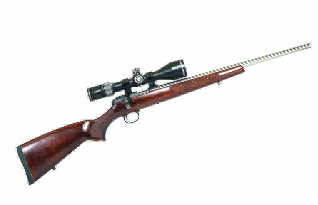 The author’s pet project, a tree squirrel rifle that started as a 457 Primer sporter, with the barrel channel hogged out for a Lilja .17 HM2 tube, the action bedded and the whole thing topped with a high-power Maven RS.5. This rifle has stoned bushy tails with headshots out to 80 yards.  