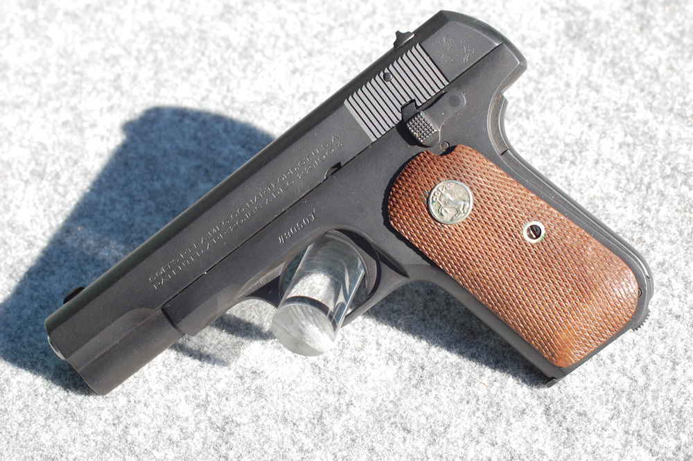 The M-1903 was designed by John M. Browning and is a single-action blowback with an eight-round magazine in the grip. A thumb safety on the left side of the frame and a grip safety made the arm relatively safe for pocket carry, which aided its popularity.