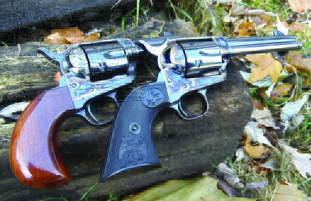 An Uberti replica with bird’s-head grip (left) and a gen-3 Colt SAA with standard black Colt stocks. The beauty of the SAA is present in both, and they’re both highly functional, as well as esthetically pleasing.
