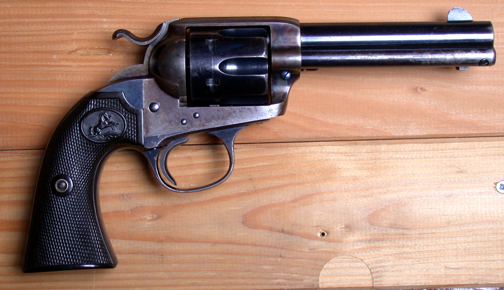 Shown is a Colt Bisley model with horn grips