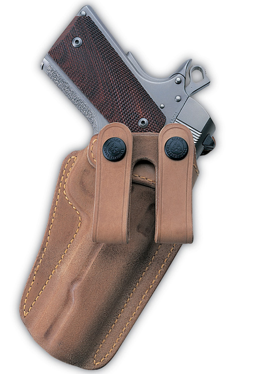 galco  The Royal Guard is a great choice for larger defensive pistols that are to be worn inside the pants. The rough side of the leather faces out, with the friction adding stability. The smooth side is on the inside for a quick draw and easy holstering. It is made of horsehide with a natural finish. ($130, galcogunleather.com)