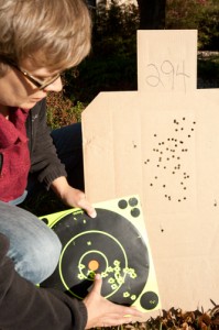 Bottom target shows typical shot group for me prior to the training. Cardboard IDPA target shows results of qualification round at end of the class.