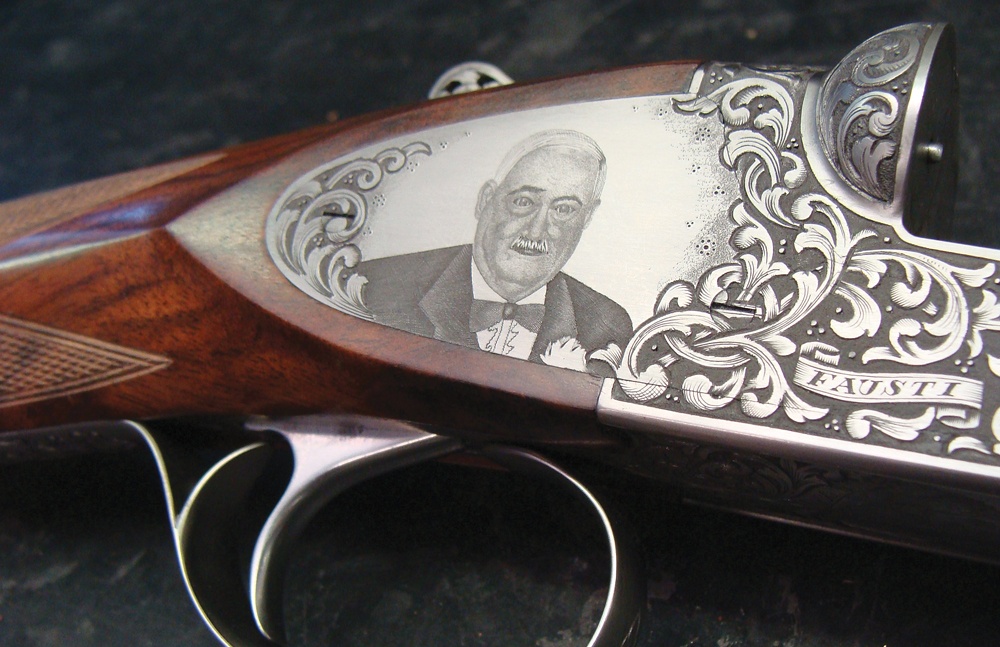 Here’s an example of true custom engraving: a photo of the gun’s owner that has been superimposed on the sidelock of a Fausti shotgun by a master engraver using a hand tool known as a bulin. This kind of work is neither cheap nor quick (engravings like this require up to 700 hours of hand labor), but it’s the highest form of ﬁ rearm art.