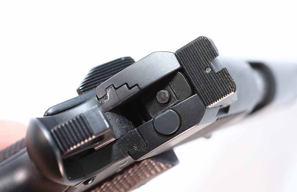 The Heinie Straight-8 sight system uses two dots, one over the other, on each sight front and rear. The system is fast, effective and almost impossible to get wrong.