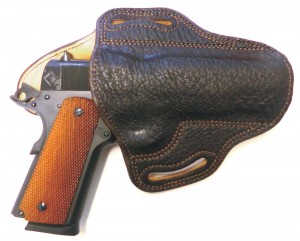 D.M. Bullard’s exotic holster is a beauty, but also note the reinforced belt loops and double stitching. It is made to last and withstand the many repetitions needed to achieve real speed and smoothness in practice.