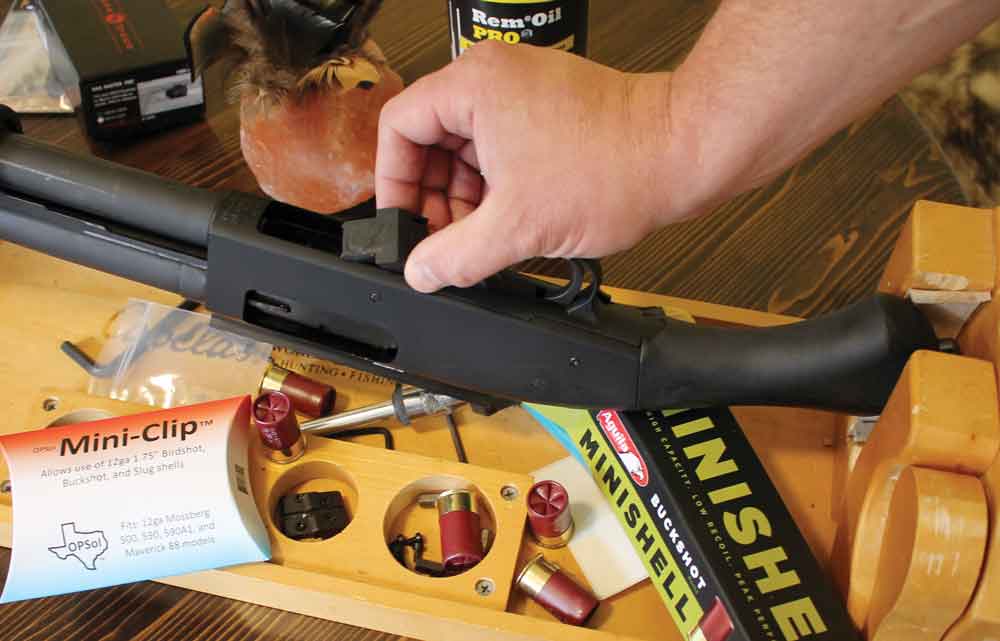 OPSol’s Mini Clip helps the Mossberg Shockwave properly feed Aguila’s Mini Shells, giving the shotgun a capacity boost.