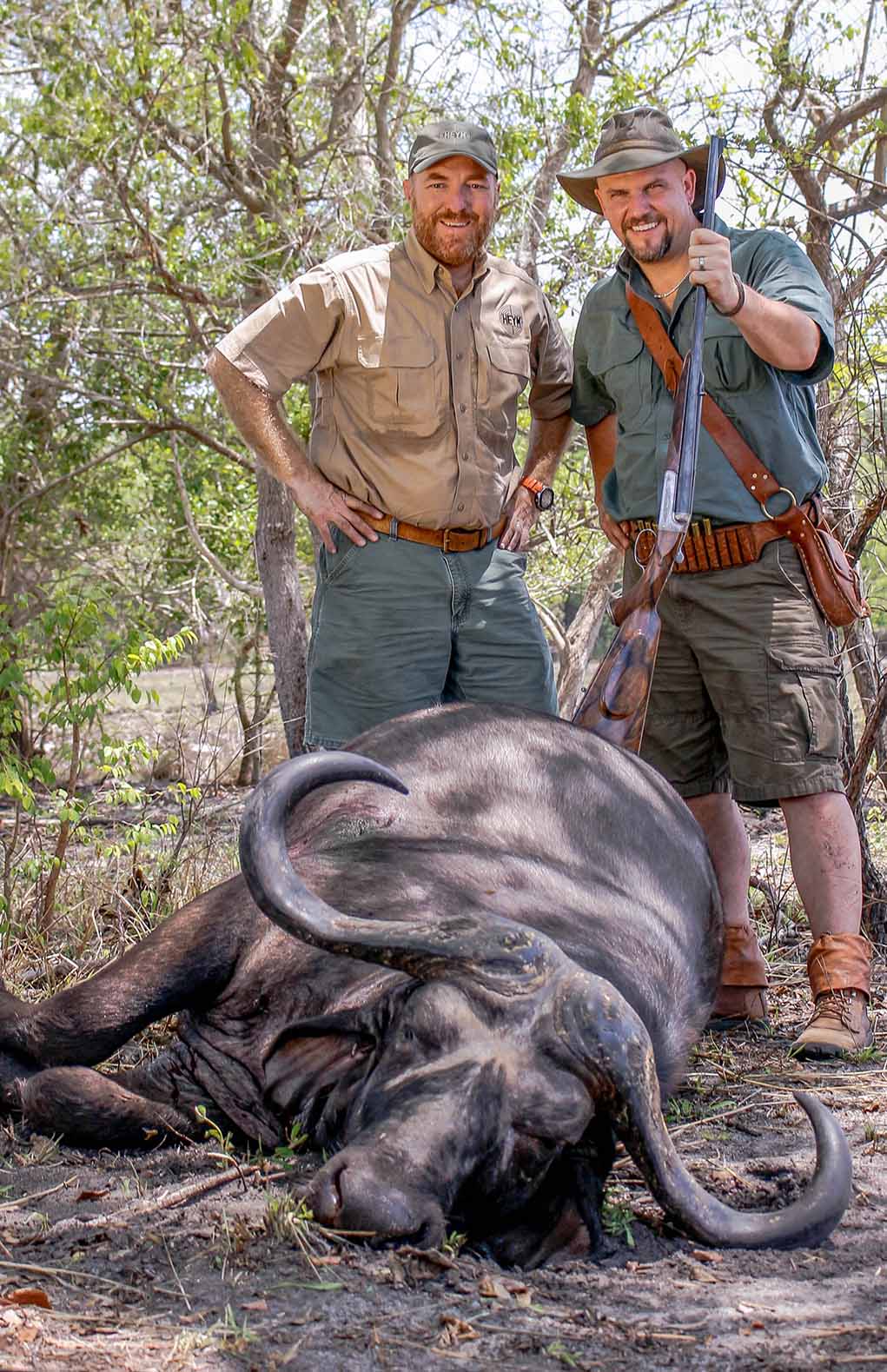 Chris Sells of HeymUSA and Massaro, with a good Cape buffalo bull in Mozambique, taken with a Heym .450/400 3-inch.