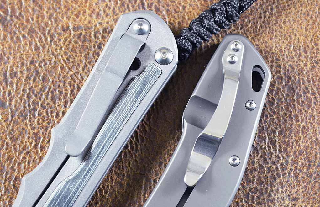 Components also factor into the price of a knife. The Reeve Inkosi at left has an inset titanium pocket clip that matches the frame, the Eris a stainless-steel clip that doesn’t.