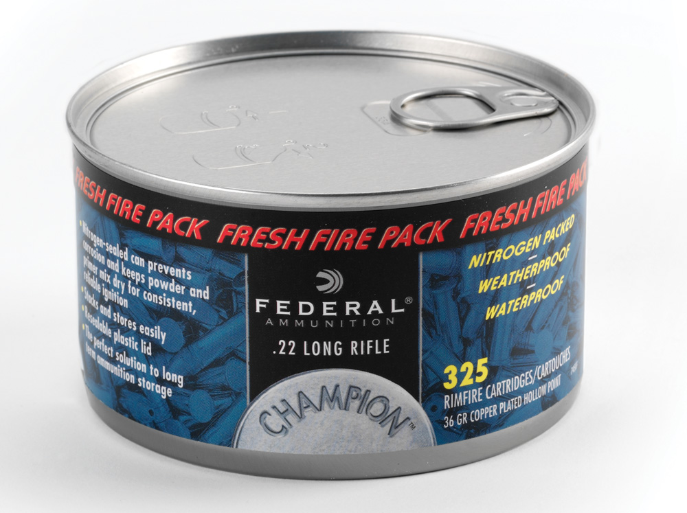The Champion .22 Long Rifle Fresh Fire Pack has 325 36-grain copper-plated hollow-point cartridges in a nitrogen-sealed can that prevents corrosion and keeps powders and primers dry. Once opened, it has a resealable plastic lid to keep the ammo protected. $20.(federalpremium.com)