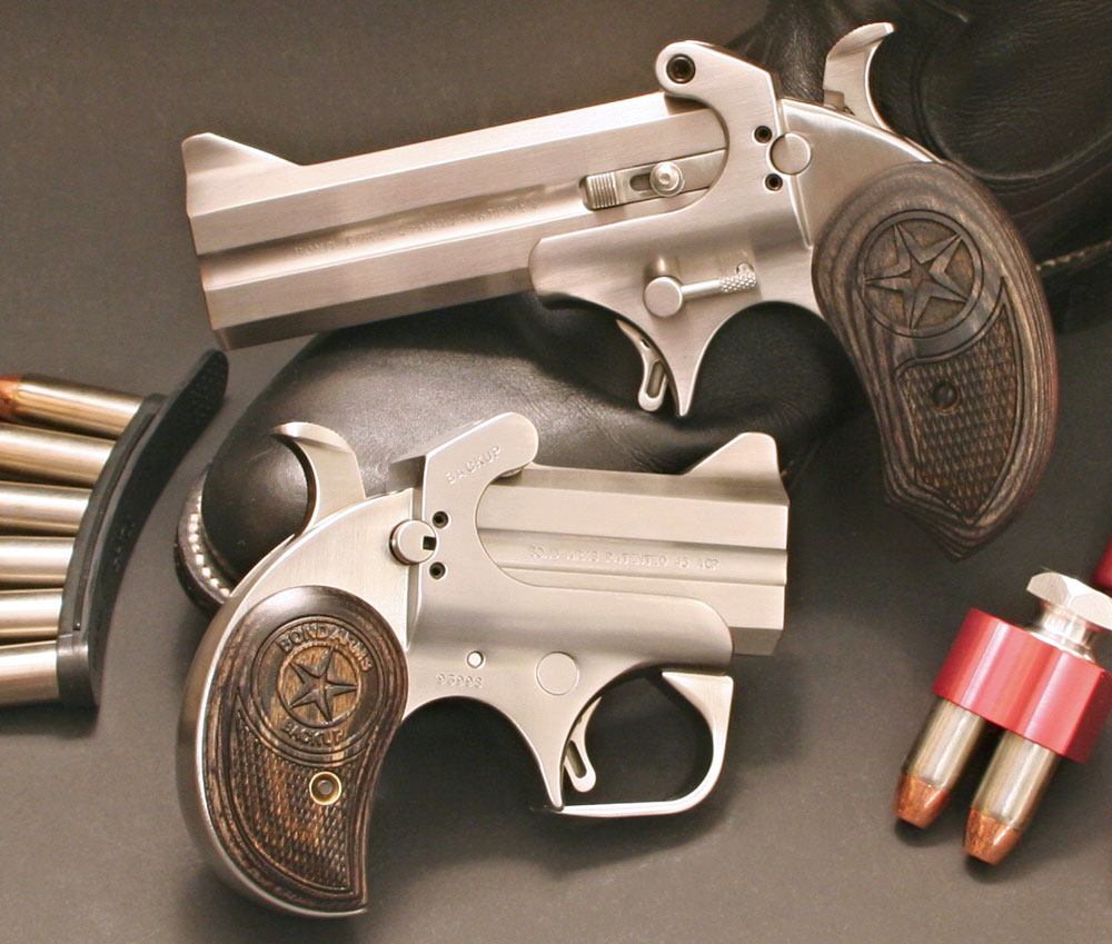 The Bond Arms Derringers: The  Ranger fires .45 Colt and .410 shot shells. The new Mini Backup fires .45 ACP ammunition and can be converted to 9mm and .40 S&W.