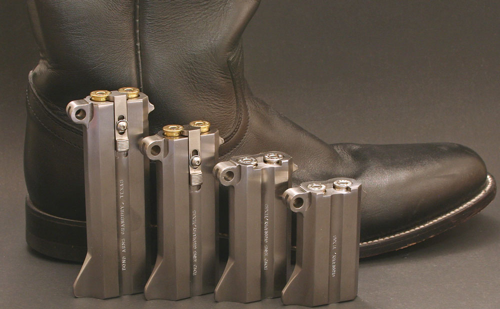 Caliber conversion barrels are available in four lengths for Bond Derringers. Revolver cartridge barrels feature a spring-loaded extractor while semi-auto barrels have been notched so spent shells can be thumbed out of the chamber.