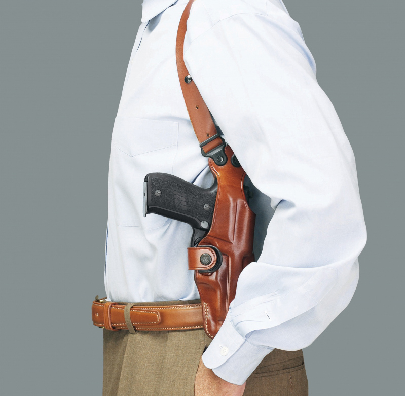 The Galco VHS, or Vertical Shoulder Holster System is ambidextrous and can be purchased for a wide range of pistol and revolver models.