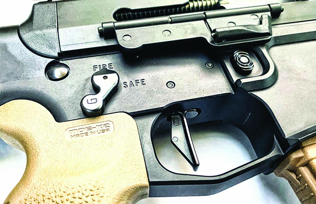 The flat face of the SD-C trigger lends itself to compact rifles and pistol builds. The Geissele dogleg safety adds class and function. Not visible on this build is the Maritime Bolt Catch.
