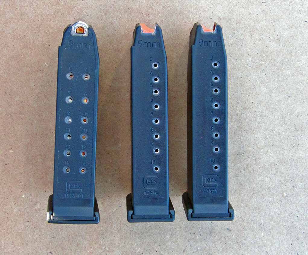 The Glock 19 magazine (left) compared to the new Slimline magazines. These are not backward compatible to the legacy G43.