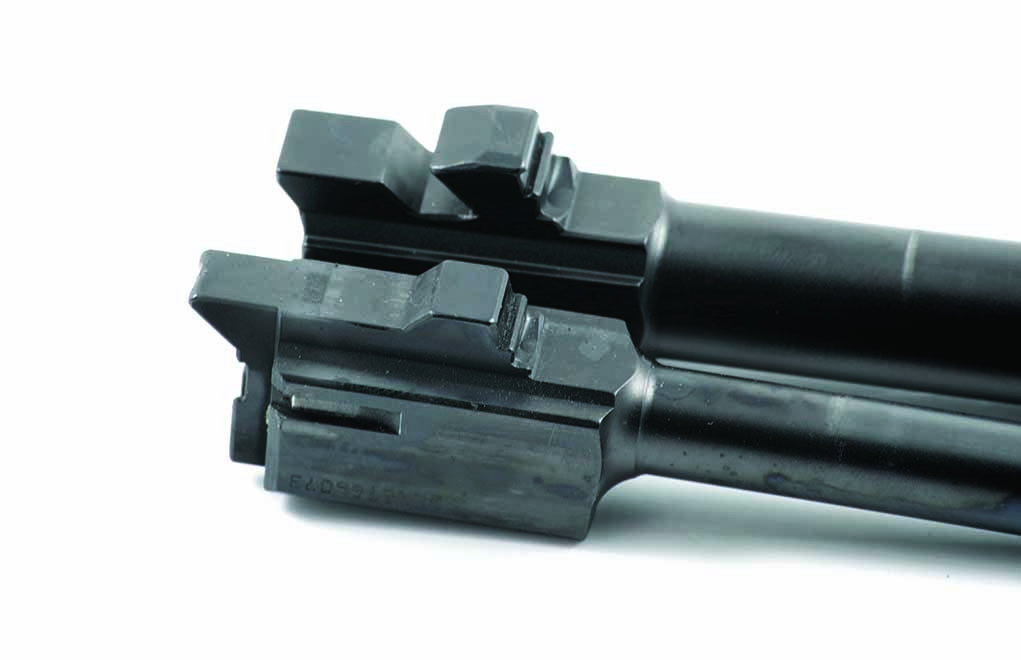 The locking lugs on the G19 (top/back) are designed for the barrel block to tilt down during the cycling of the slide. The G44 (bottom/front) doesn’t tilt, so the locking lug just keeps it in place.