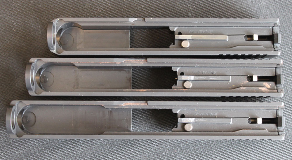 (Top to bottom): G26, G19 and G17 slides. Notice where the wall thickness reduction starts on each model.