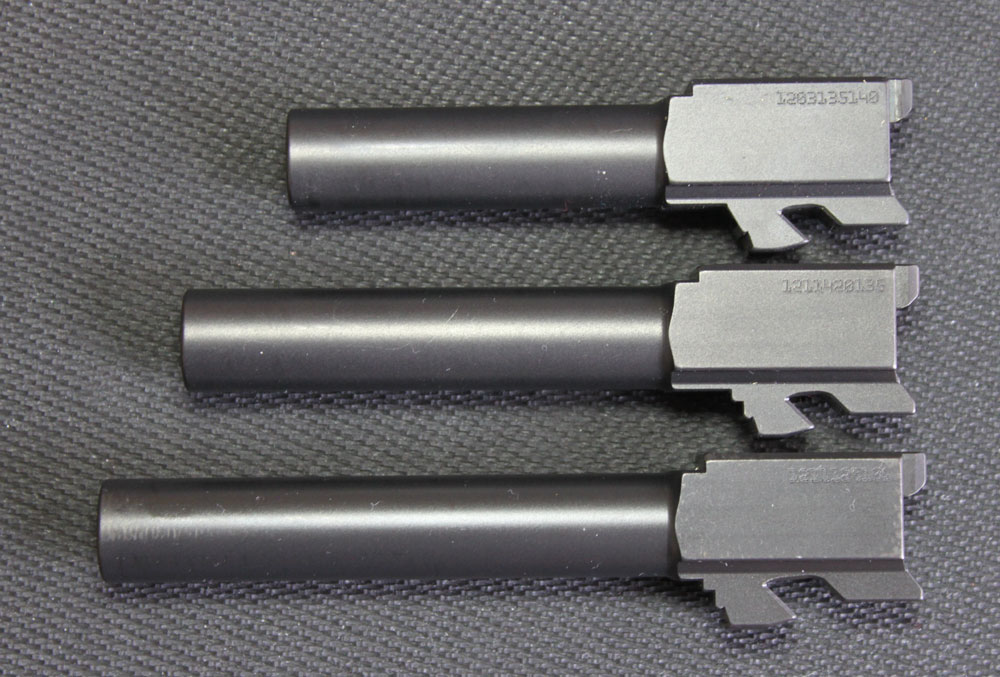 (Top to bottom): G26, G19, and G17. The difference in barrel length is a reduction in the hollow barrel, which is once again, not a lot of weight reduction.