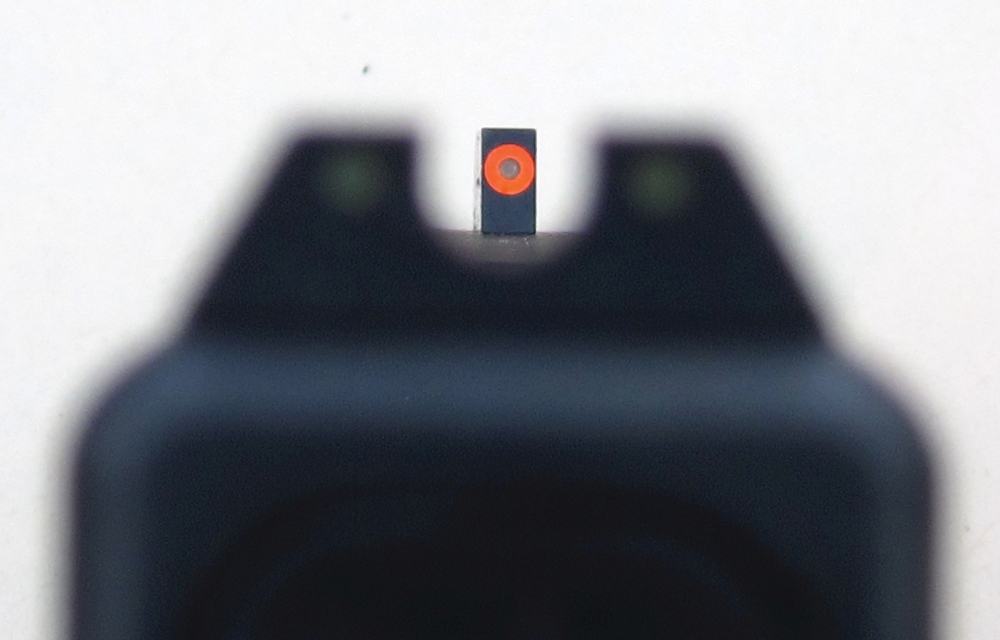 The front sight of the Trijicon HD-XR sights is very narrow and brightly colored. Among all the great high-visibility pistol sights available, the HD line is a top choice.