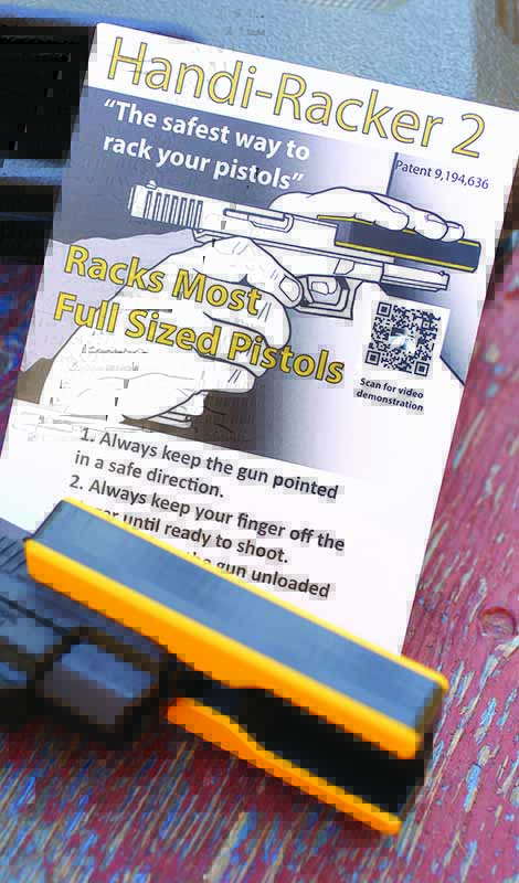 The Handi-Racker comes in sizes color-coded for your pistol fit. The bright yellow is the one for full-sized pistols. 