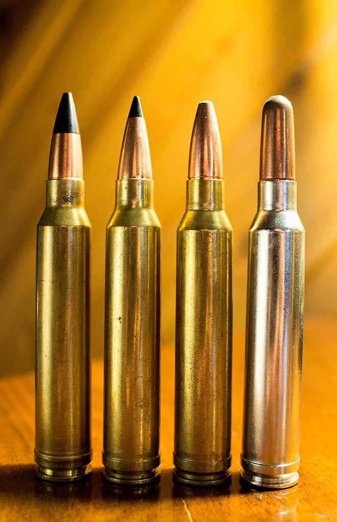The author’s stable of .300 Winchester loads: 150-grain Cutting Edge Raptor, 180-grain Swift Scirocco II, 200-grain Swift A-Frame and 220-grain Hornady InterLock. The 220 could be removed because the 200 A-Frame can handle the same duties